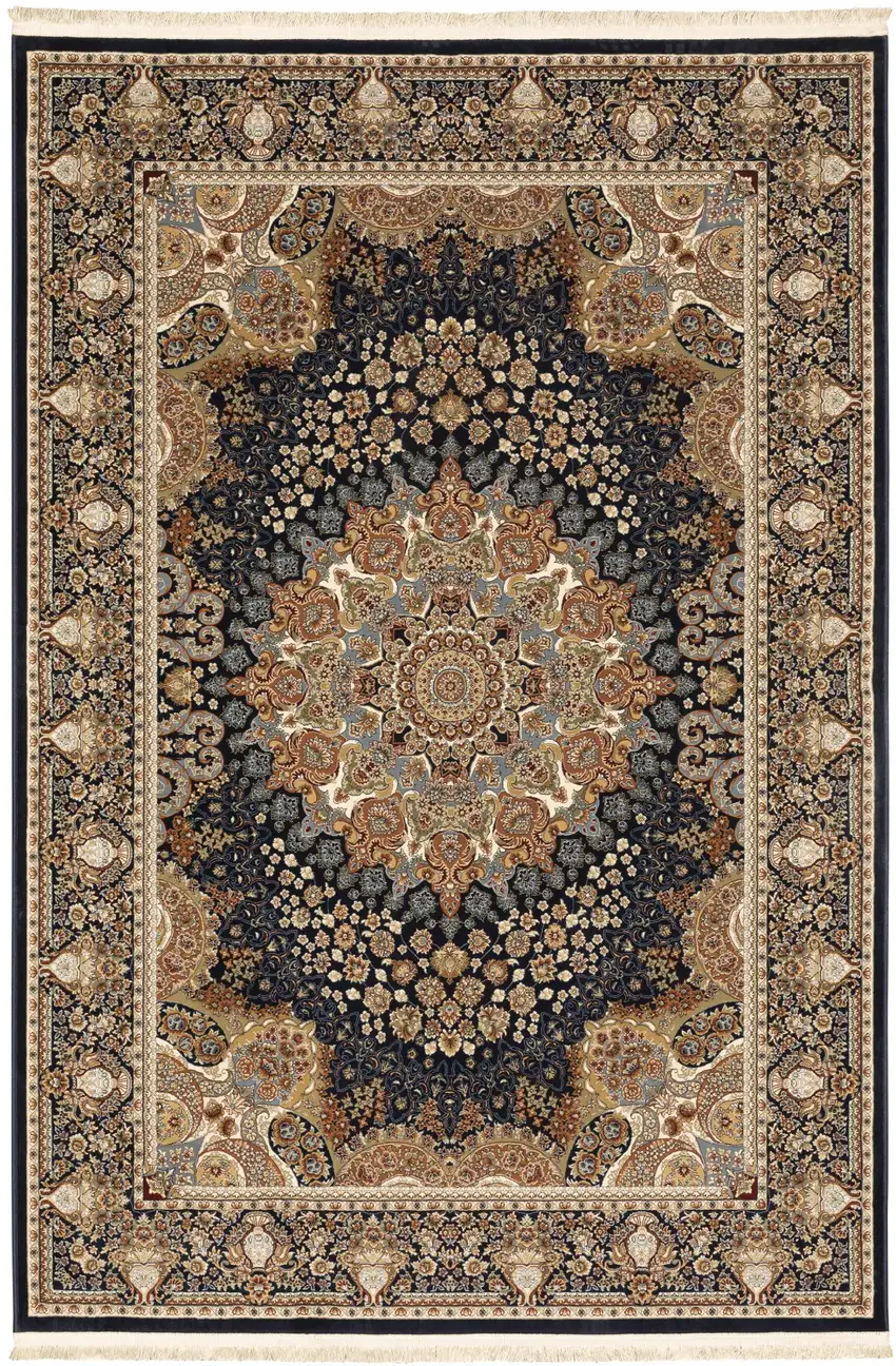 Navy Blue Tan And Ivory Medallion Area Rug With Fringe Photo 4