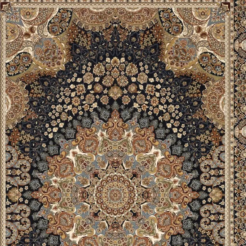 Navy Blue Tan And Ivory Medallion Area Rug With Fringe Photo 9