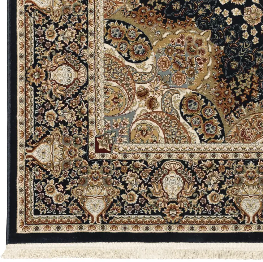 Navy Blue Tan And Ivory Medallion Area Rug With Fringe Photo 8