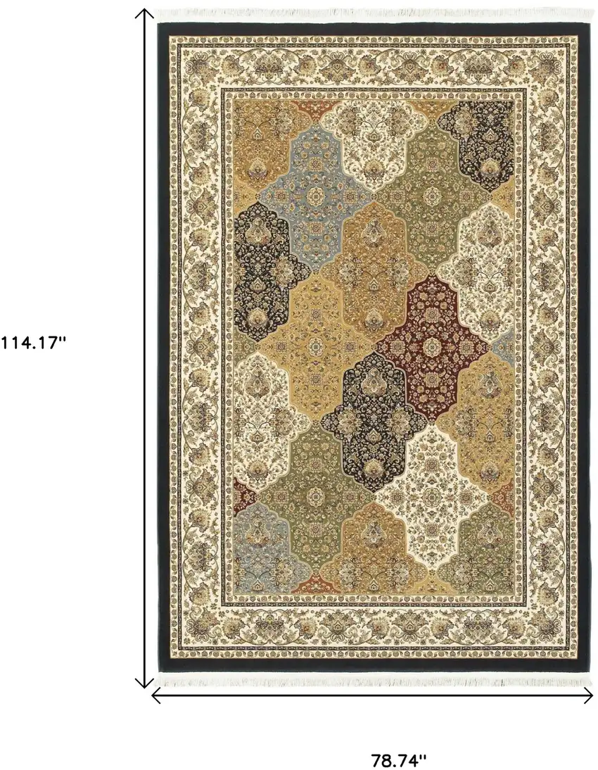 Navy Blue Tan And Ivory Oriental Area Rug With Fringe Photo 3