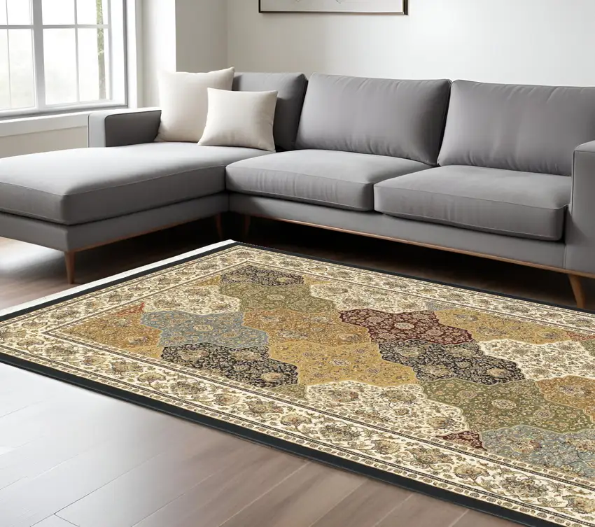 Navy Blue Tan And Ivory Oriental Area Rug With Fringe Photo 1