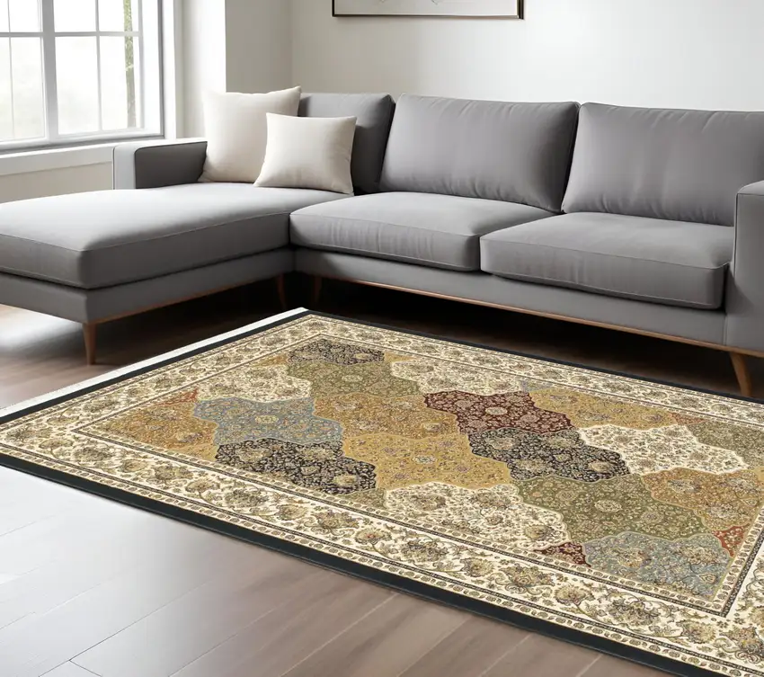 Navy Blue Tan And Ivory Oriental Area Rug With Fringe Photo 1
