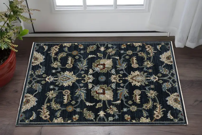 Navy Blue Tan And Teal Oriental Area Rug With Fringe Photo 1