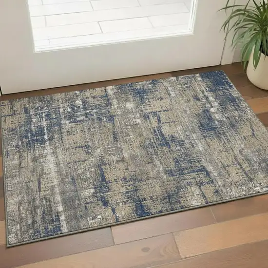 Navy Blue Taupe And Beige Geometric Washable Area Rug With UV Protection Photo 2