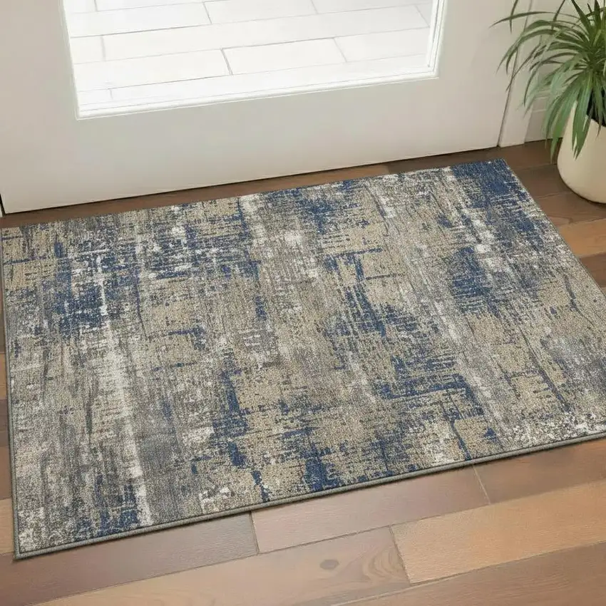 Navy Blue Taupe And Beige Geometric Washable Area Rug With UV Protection Photo 2