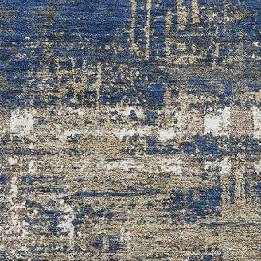 Navy Blue Taupe And Beige Geometric Washable Area Rug With UV Protection Photo 3