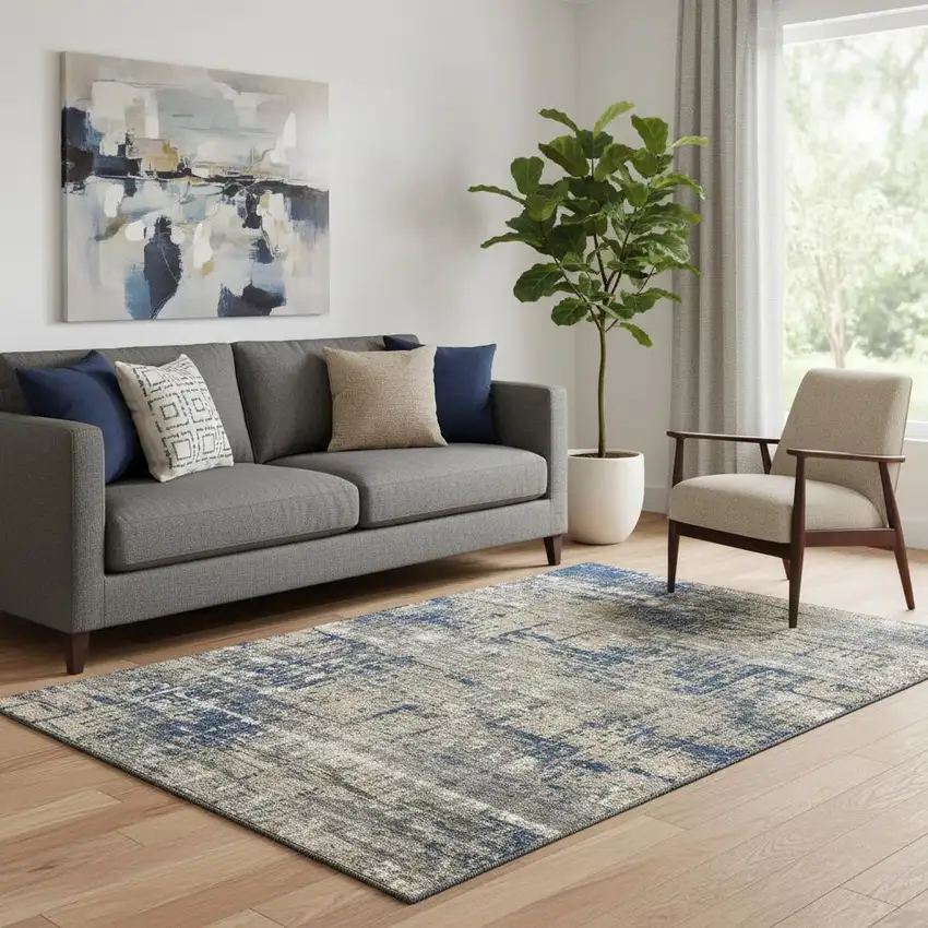 Navy Blue Taupe And Beige Geometric Washable Area Rug With UV Protection Photo 2