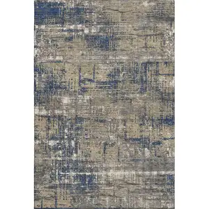 Photo of Navy Blue Taupe And Beige Geometric Washable Area Rug With UV Protection