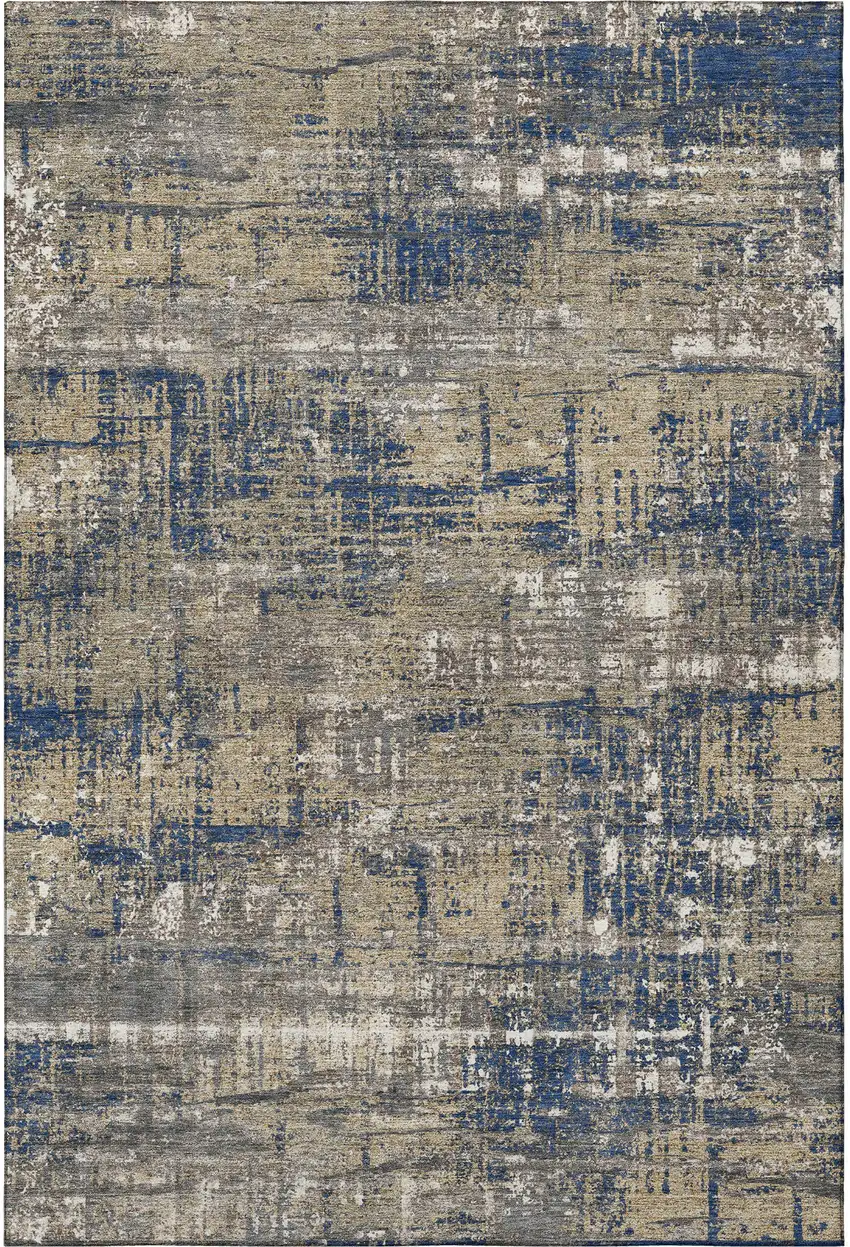 Navy Blue Taupe And Beige Geometric Washable Area Rug With UV Protection Photo 3