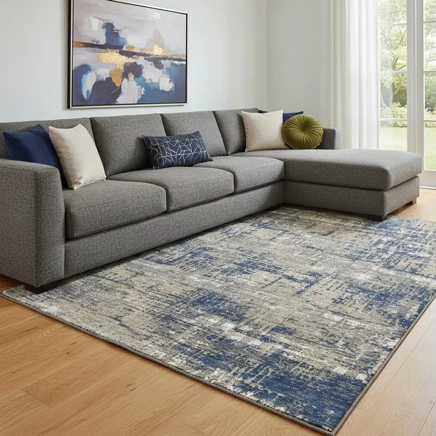 Navy Blue Taupe And Beige Geometric Washable Area Rug With UV Protection Photo 2