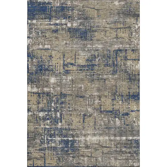 Navy Blue Taupe And Beige Geometric Washable Area Rug With UV Protection Photo 1