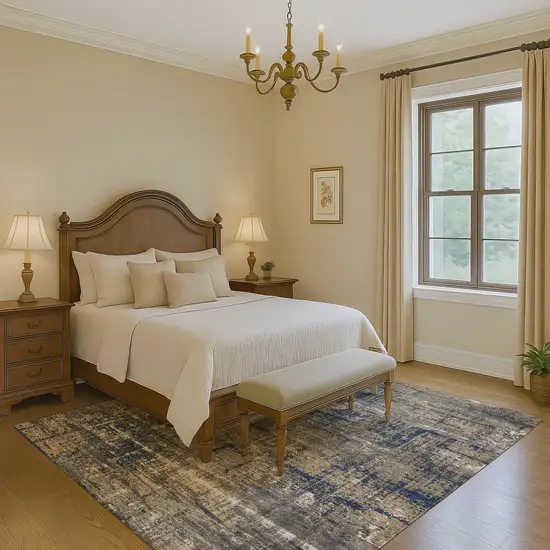 Navy Blue Taupe And Beige Geometric Washable Area Rug With UV Protection Photo 6