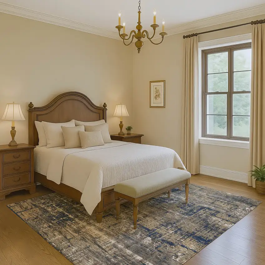 Navy Blue Taupe And Beige Geometric Washable Area Rug With UV Protection Photo 6