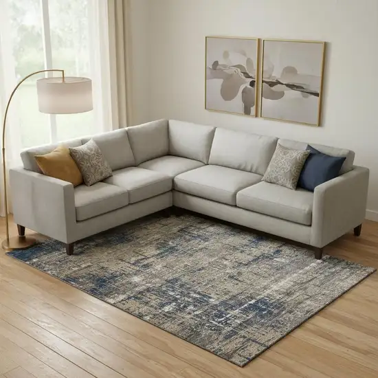 Navy Blue Taupe And Beige Geometric Washable Area Rug With UV Protection Photo 2