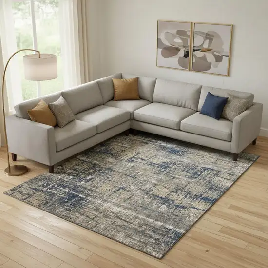 Navy Blue Taupe And Beige Geometric Washable Area Rug With UV Protection Photo 2