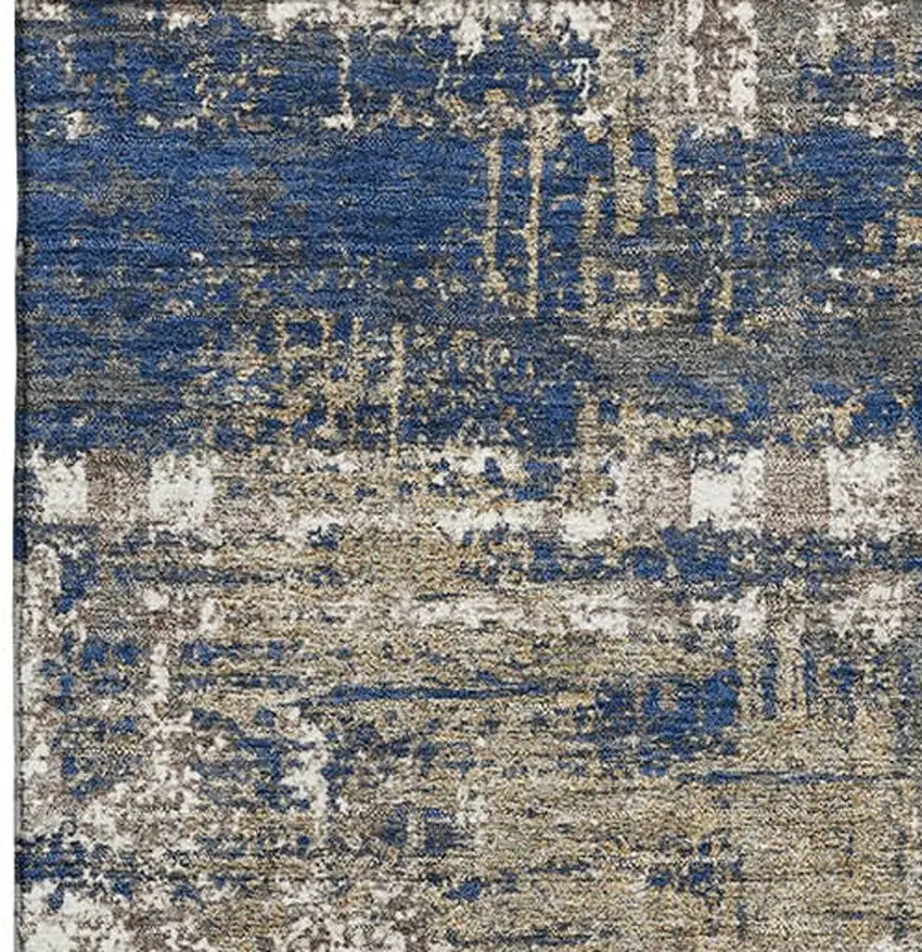 Navy Blue Taupe And Beige Geometric Washable Area Rug With UV Protection Photo 4