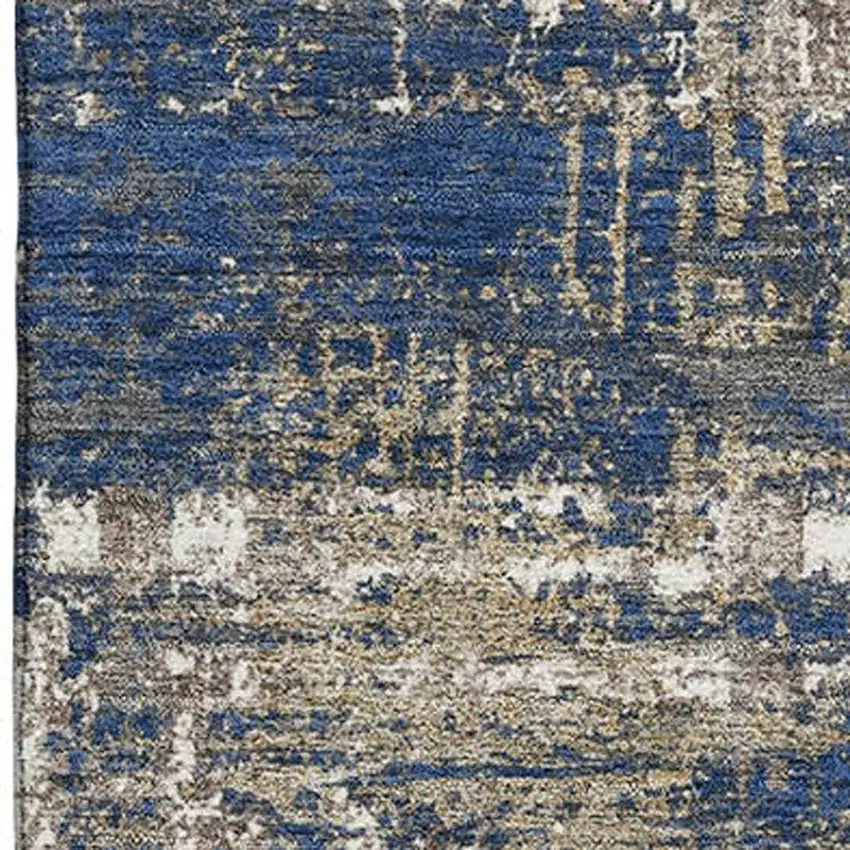 Navy Blue Taupe And Beige Geometric Washable Area Rug With UV Protection Photo 3