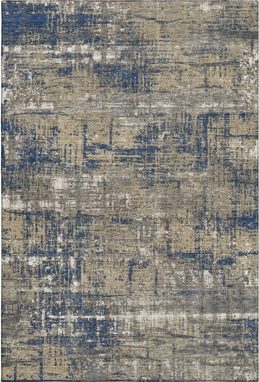 Navy Blue Taupe And Beige Geometric Washable Area Rug With UV Protection Photo 1