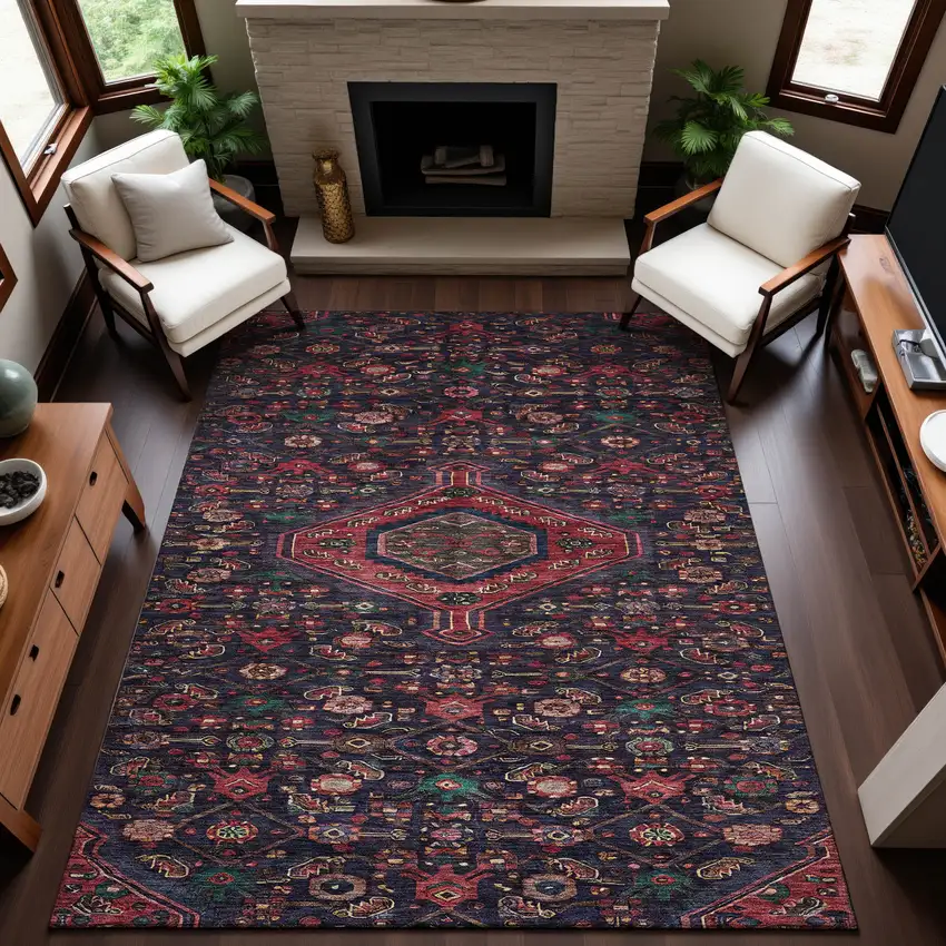 Navy Blue Teal And Blush Floral Washable Area Rug With UV Protection Photo 5