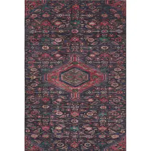 Photo of Navy Blue Teal And Blush Floral Washable Area Rug With UV Protection