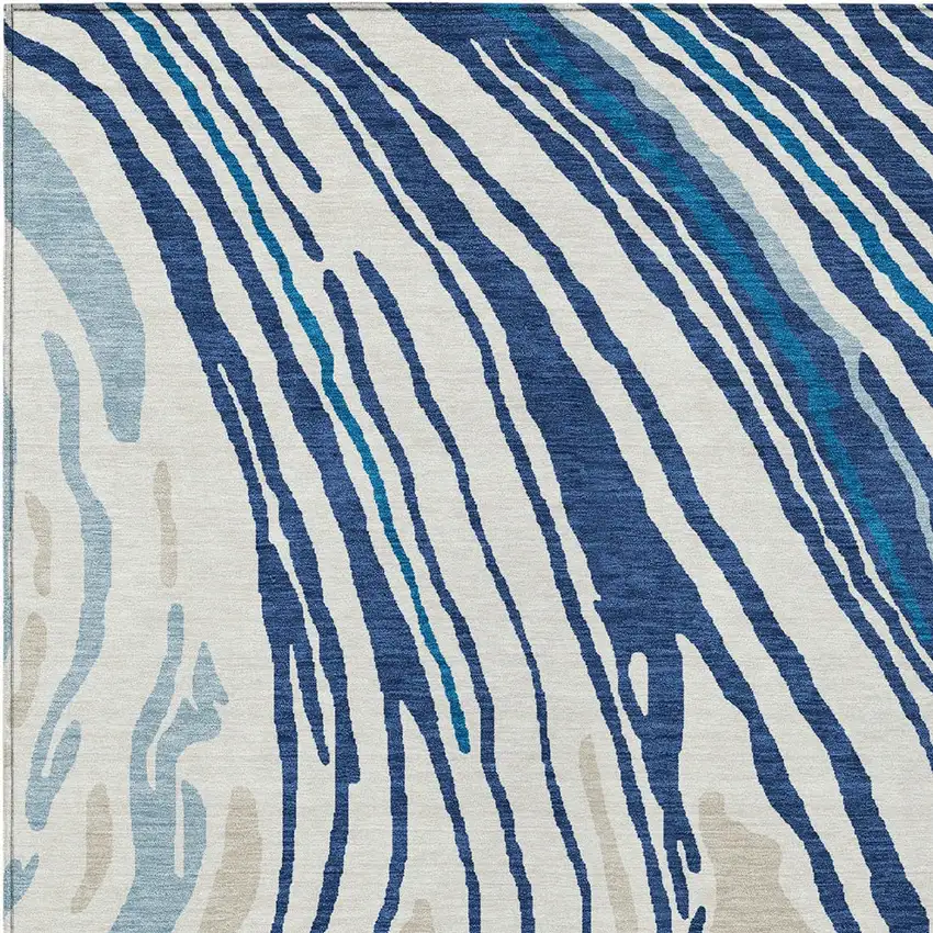 Navy Blue Teal Blue And Ivory Abstract Washable Indoor Outdoor Area Rug Photo 6