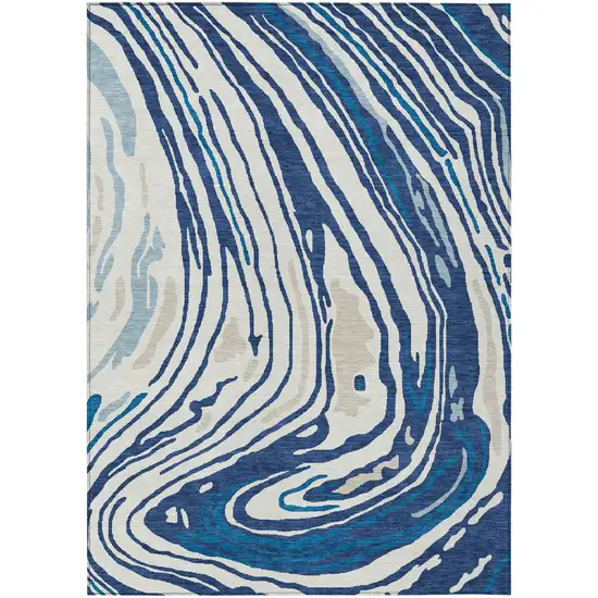 Navy Blue Teal Blue And Ivory Abstract Washable Indoor Outdoor Area Rug Photo 2