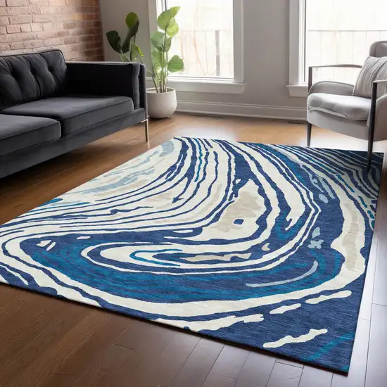 Navy Blue Teal Blue And Ivory Abstract Washable Indoor Outdoor Area Rug Photo 9