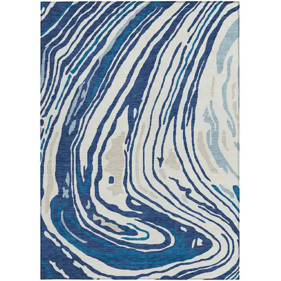 Navy Blue Teal Blue And Ivory Abstract Washable Indoor Outdoor Area Rug Photo 7