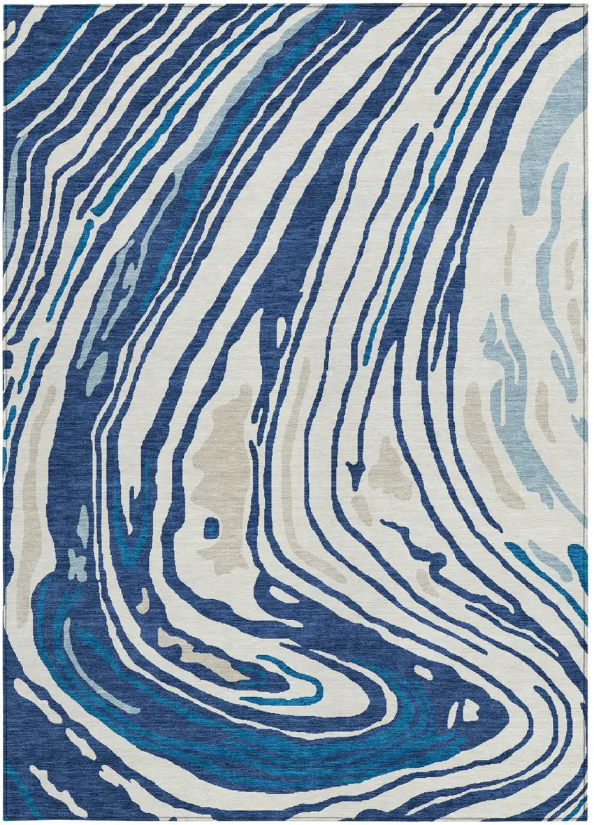 Navy Blue Teal Blue And Ivory Abstract Washable Indoor Outdoor Area Rug Photo 7
