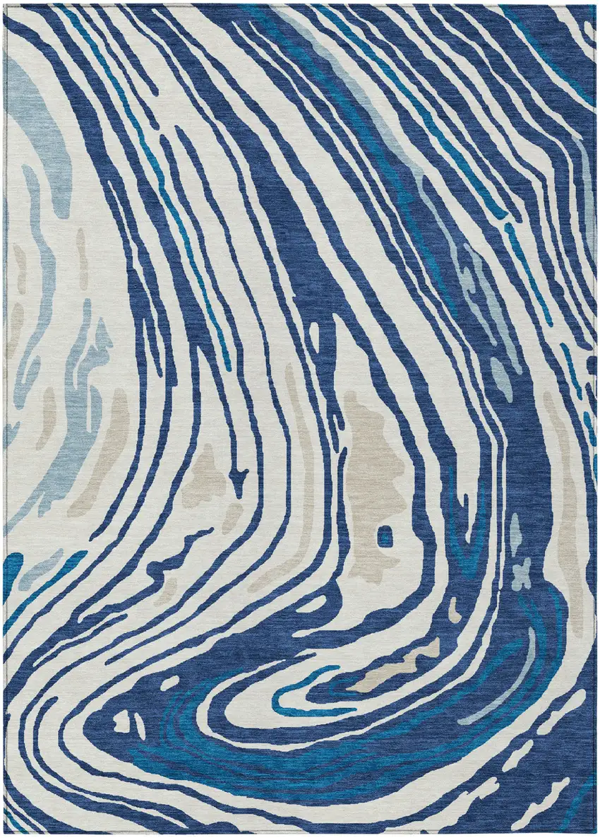 Navy Blue Teal Blue And Ivory Abstract Washable Indoor Outdoor Area Rug Photo 2