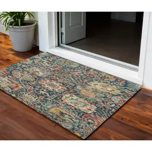 Photo of Navy Blue Terra Cotta And Beige Damask Washable Indoor Outdoor Area Rug