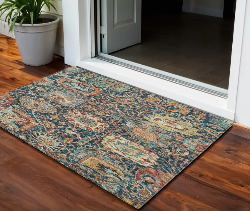 Navy Blue Terra Cotta And Beige Damask Washable Indoor Outdoor Area Rug Photo 1