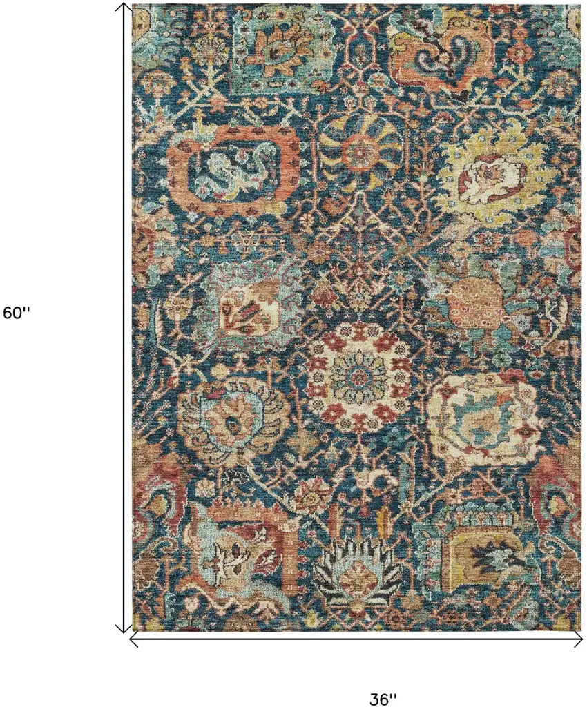Navy Blue Terra Cotta And Beige Damask Washable Indoor Outdoor Area Rug Photo 8