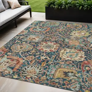 Photo of Navy Blue Terra Cotta And Beige Damask Washable Indoor Outdoor Area Rug