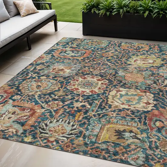Navy Blue Terra Cotta And Beige Damask Washable Indoor Outdoor Area Rug Photo 1
