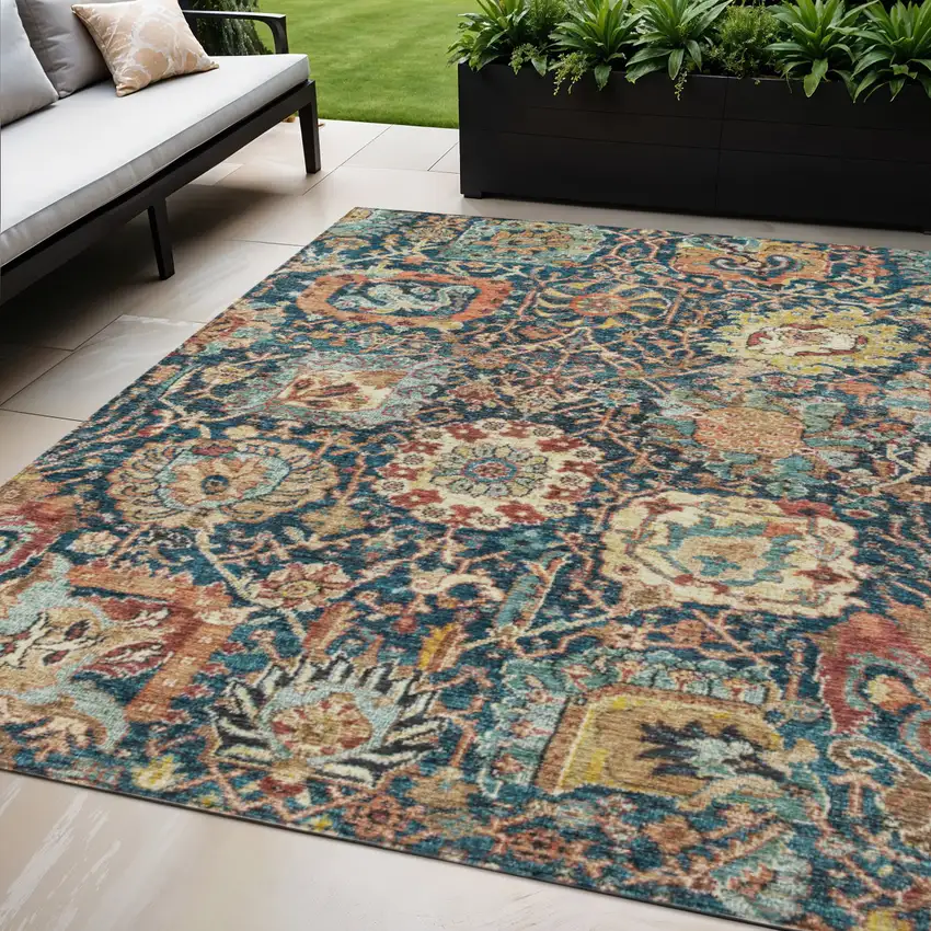 Navy Blue Terra Cotta And Beige Damask Washable Indoor Outdoor Area Rug Photo 1