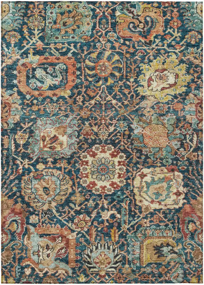 Navy Blue Terra Cotta And Beige Damask Washable Indoor Outdoor Area Rug Photo 2