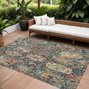 Photo of Navy Blue Terra Cotta And Beige Damask Washable Indoor Outdoor Area Rug