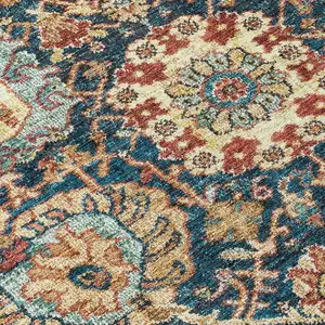 Photo of Navy Blue Terra Cotta And Beige Damask Washable Indoor Outdoor Area Rug