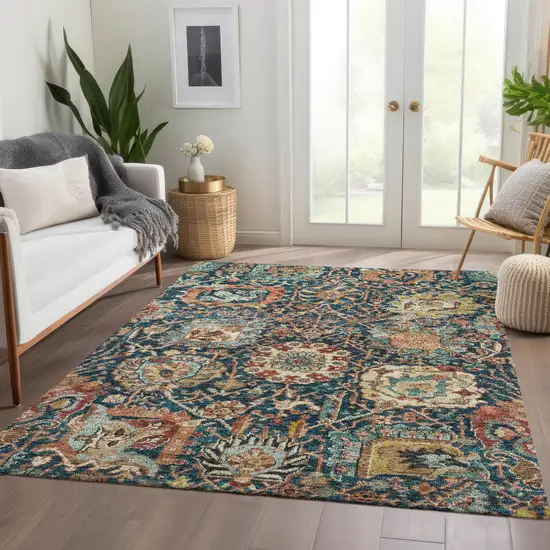 Navy Blue Terra Cotta And Beige Damask Washable Indoor Outdoor Area Rug Photo 9