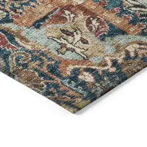 Photo of Navy Blue Terra Cotta And Beige Damask Washable Indoor Outdoor Area Rug
