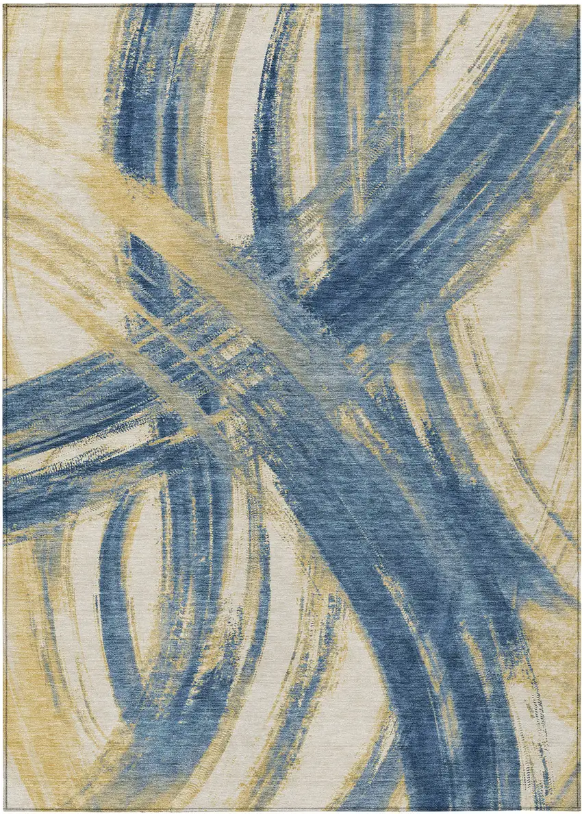 Navy Blue Wheat And Ivory Abstract Washable Indoor Outdoor Area Rug Photo 7