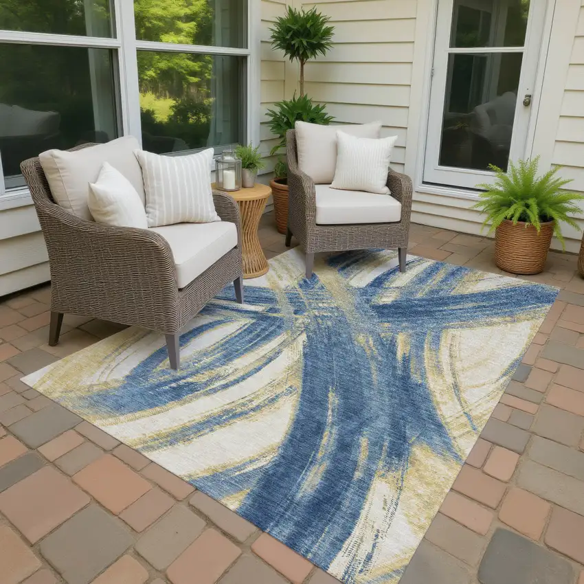 Navy Blue Wheat And Ivory Abstract Washable Indoor Outdoor Area Rug Photo 2