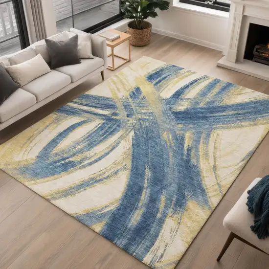 Navy Blue Wheat And Ivory Abstract Washable Indoor Outdoor Area Rug Photo 4