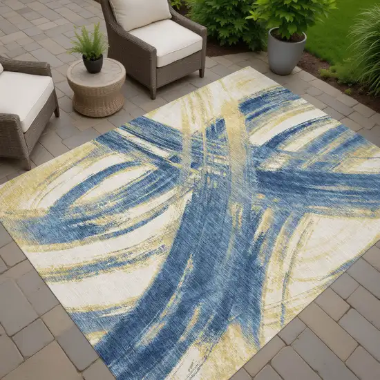 Navy Blue Wheat And Ivory Abstract Washable Indoor Outdoor Area Rug Photo 6
