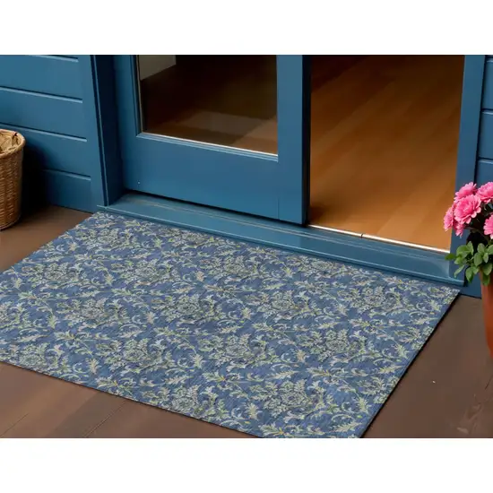 Navy Blue Wheat And Ivory Damask Washable Indoor Outdoor Area Rug Photo 1