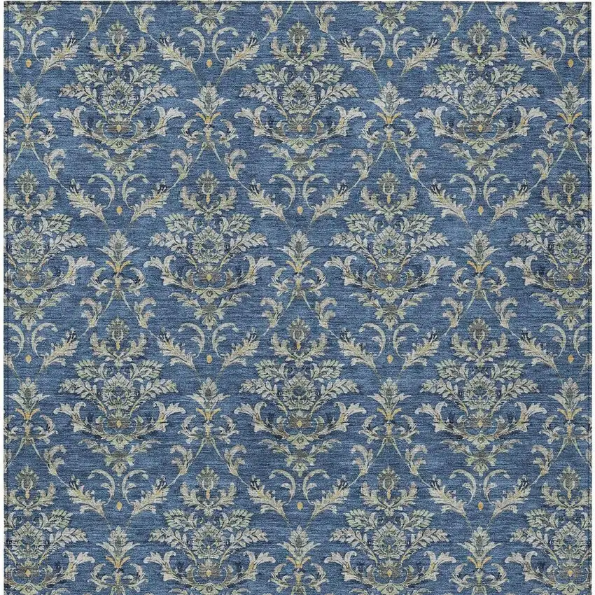 Navy Blue Wheat And Ivory Damask Washable Indoor Outdoor Area Rug Photo 4