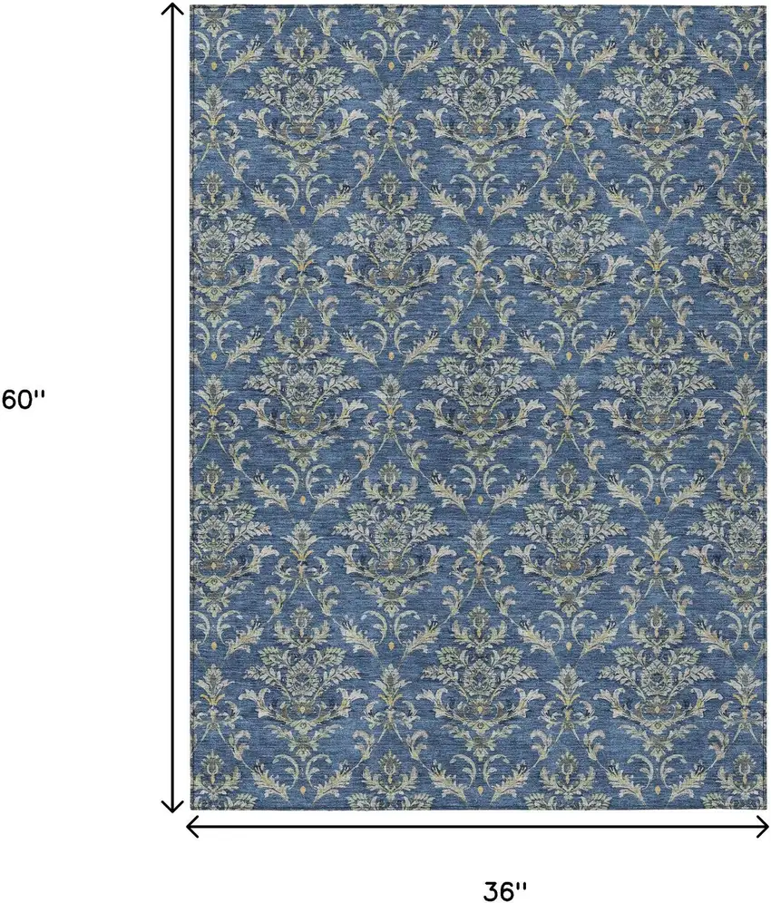 Navy Blue Wheat And Ivory Damask Washable Indoor Outdoor Area Rug Photo 3