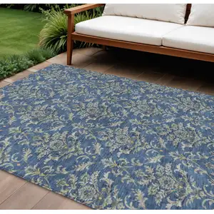 Photo of Navy Blue Wheat And Ivory Damask Washable Indoor Outdoor Area Rug