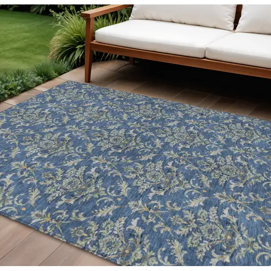 Navy Blue Wheat And Ivory Damask Washable Indoor Outdoor Area Rug Photo 1